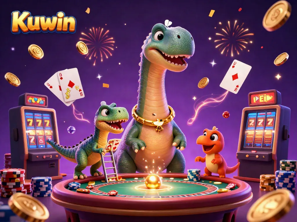 Kuwin brings excitement with a brontosaurus checking a poker game and magical casino elements.