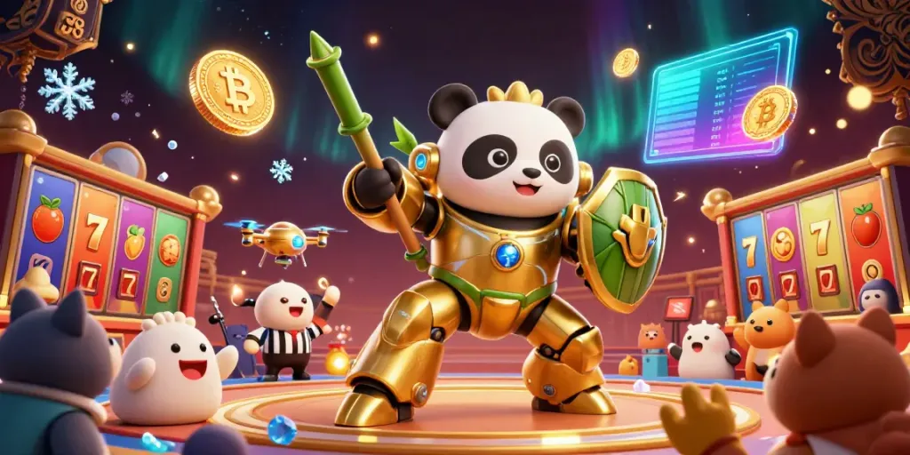 Engage in thrilling gaming with S8 as a golden panda pilots a bamboo robot amidst vibrant casino elements.