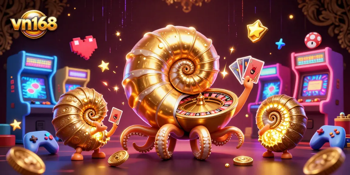 Engage in thrilling gameplay at vn168 with vibrant casino-themed 3D illustration featuring a giant nautilus and arcade elements.