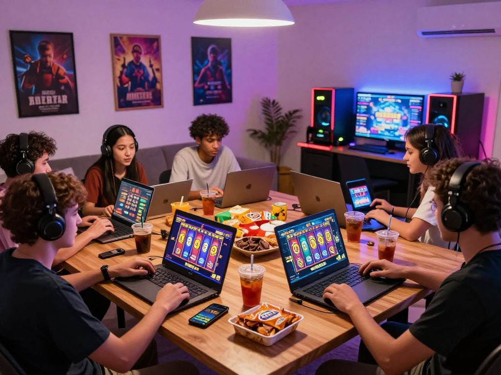 Players enjoying gacor slot games on laptops and phones in a cozy gaming setup.