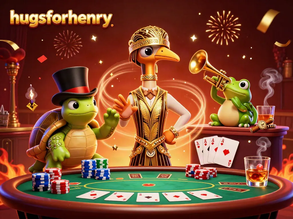 Join the fun at hugsforhenry with lively casino characters, poker chips, and colorful confetti.