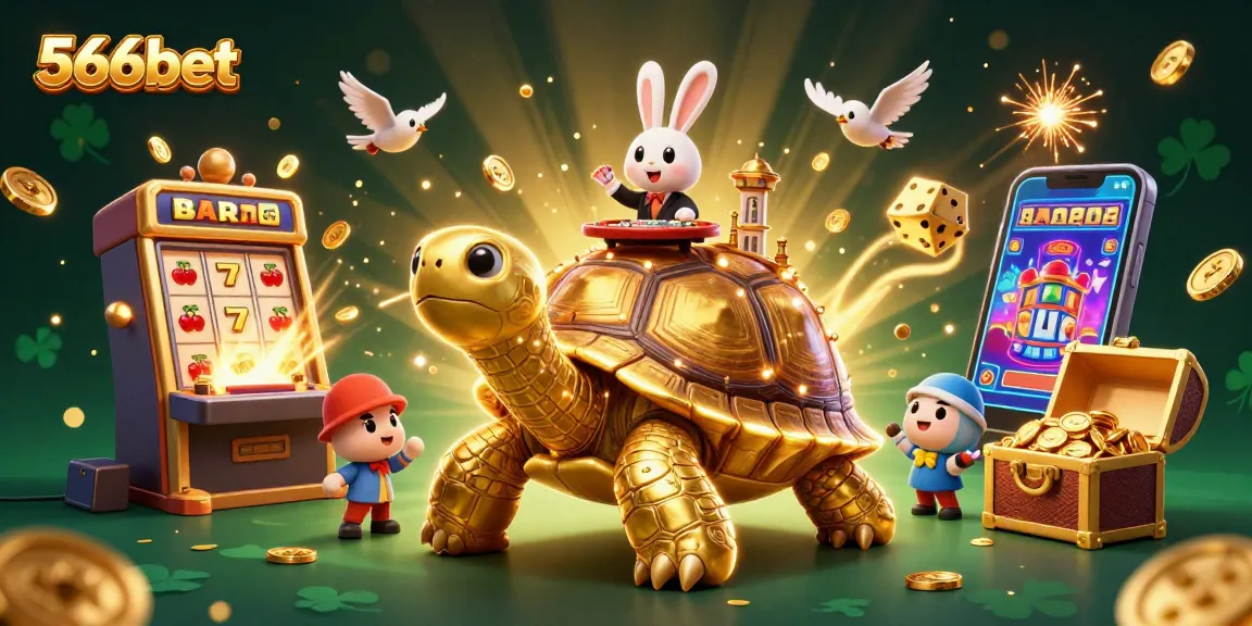 Engage in thrilling fun with 566bet’s vibrant casino scene featuring a joyful rabbit dealer, golden tortoise casino, and jackpotted elements.