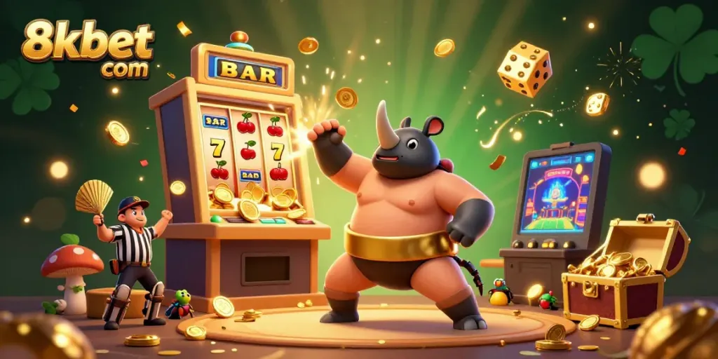 Experience excitement at 8xbet com with a vibrant 3D illustration of a beetle sumo champion amidst joyful casino action.