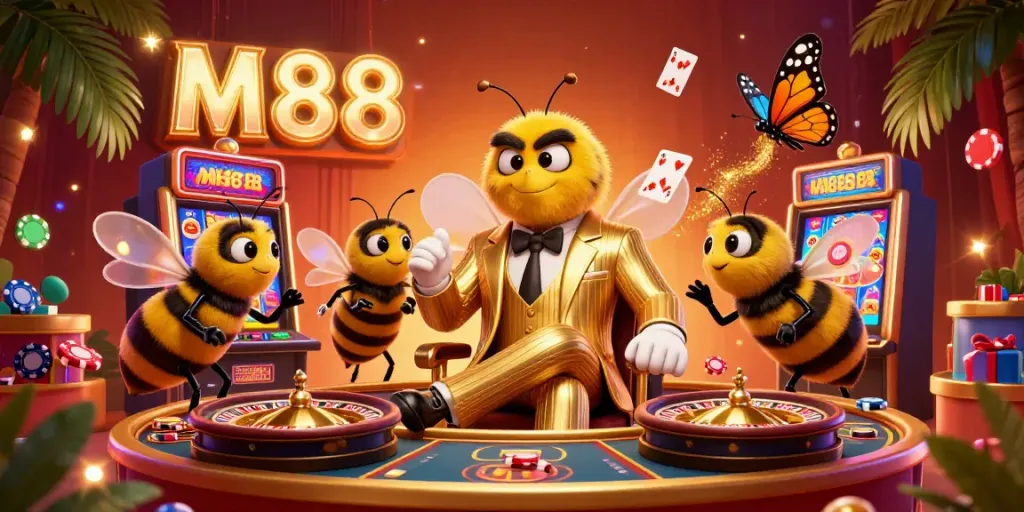 M88 enhances the thrill of online slots and casino gaming with a vibrant 3D illustration featuring energetic characters and casino elements.