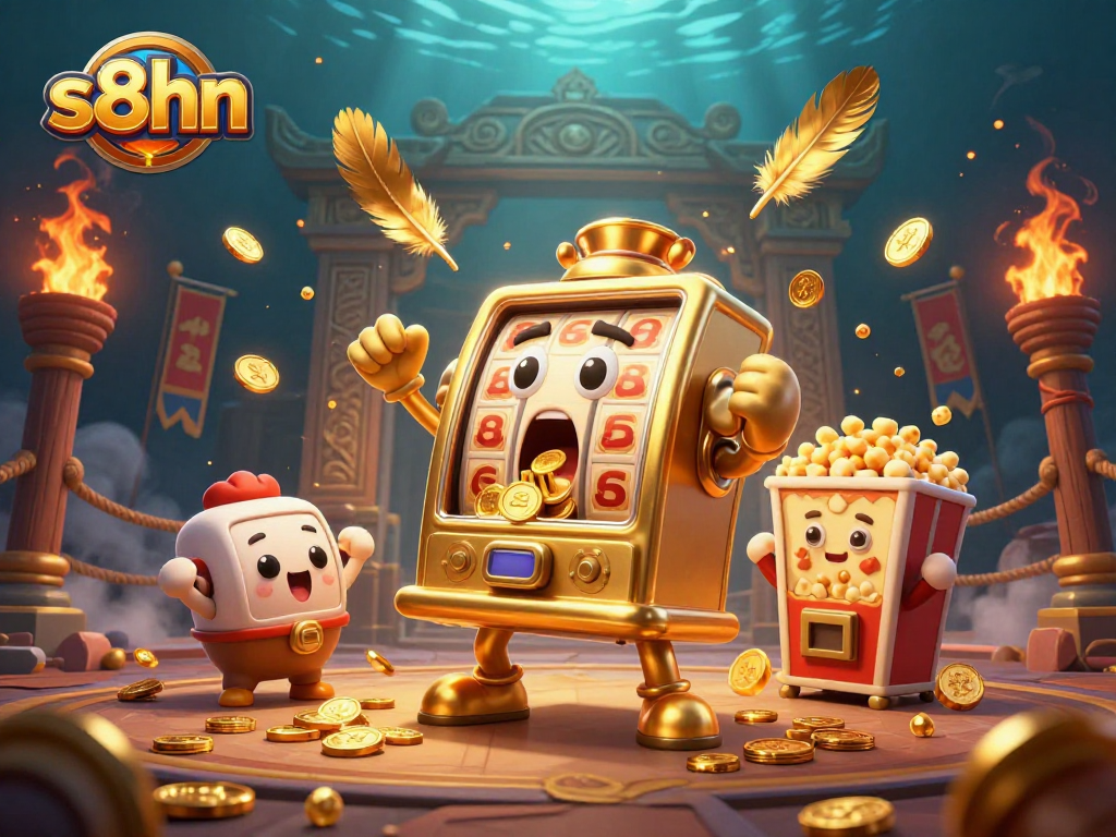 Watch the s8hn golden slot machine win a jackpot, spilling coins in a vibrant casino scene.