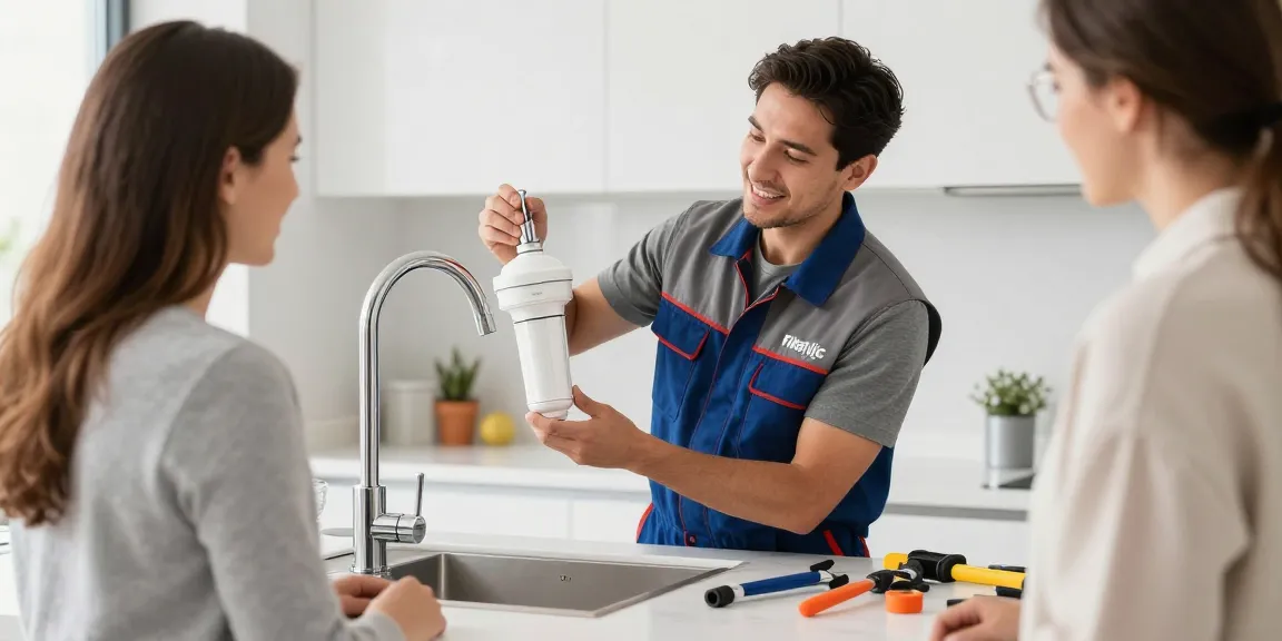 Filterlogic FF27 Faucet Filter installation by a trusted local service provider in a well-lit kitchen.