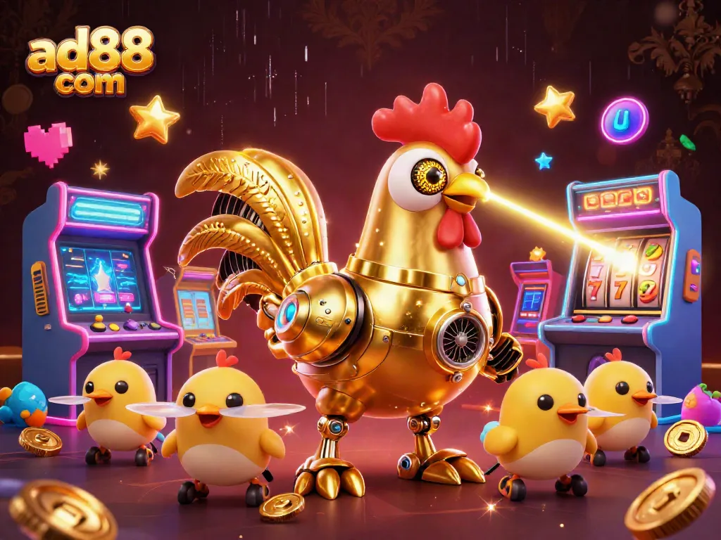 Engage in thrilling gameplay with ad88 com's dynamic slot machines featuring a golden rooster and baby chick drones.