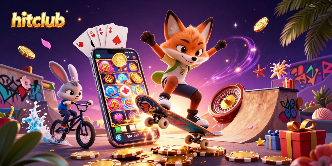 Engage in exciting gaming at hitclub with cartoon characters surrounded by vibrant casino elements.