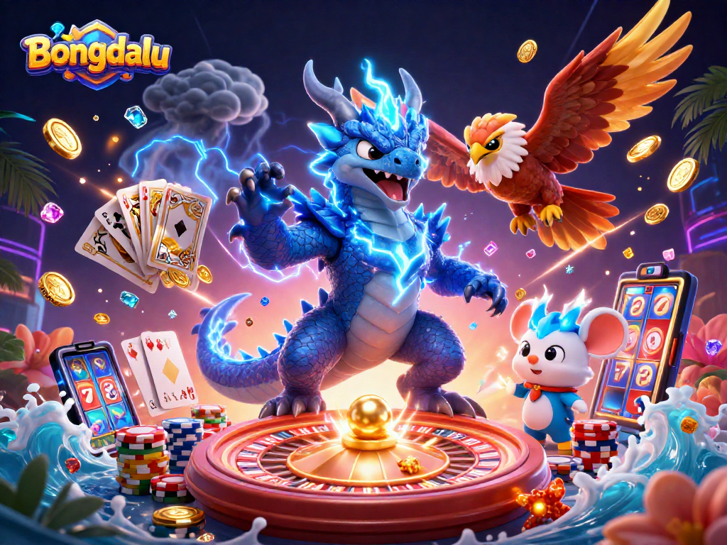 Bongdalu showcases a vibrant thunder dragon and dynamic casino elements in this energetic illustration.