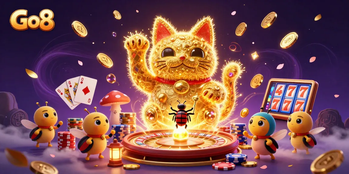 Engage with Go8's vibrant lucky cat surrounded by coins and poker chips in a dynamic casino scene.