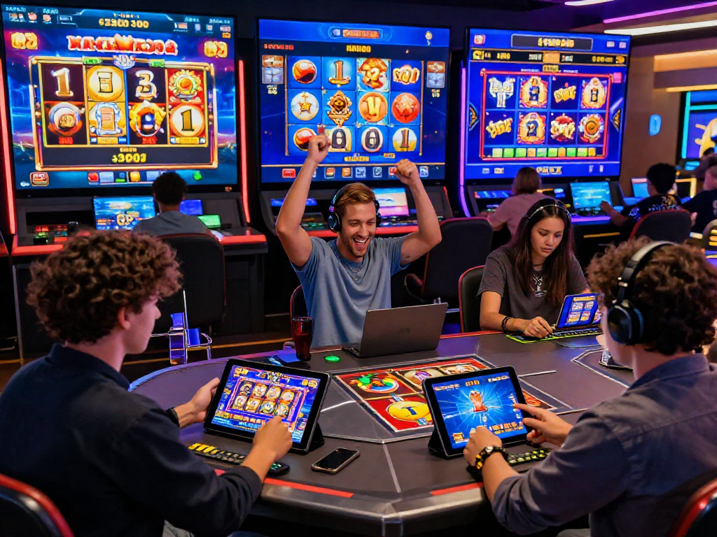 Players enjoying slot online games in a vibrant digital casino environment, showcasing excitement and high-tech visuals.