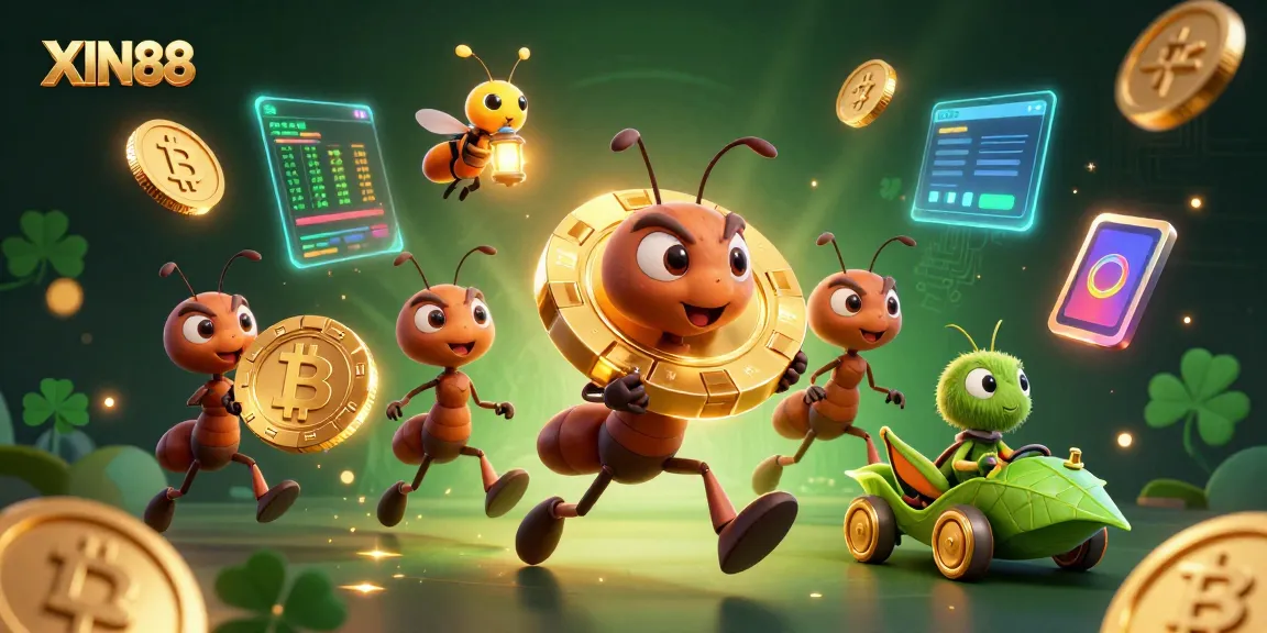 Join the adventure with XIN88's cartoon heist featuring ants, crypto elements, and vibrant casino motifs.