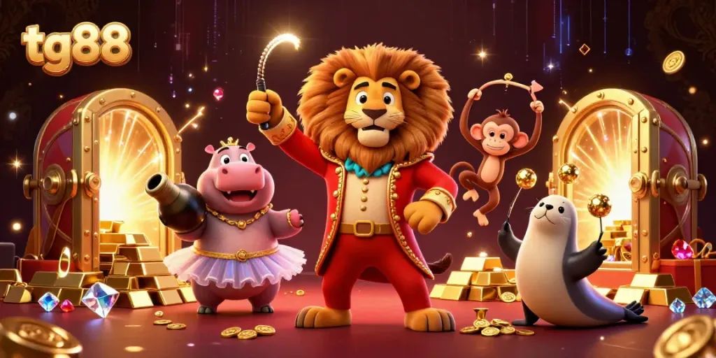 Experience thrilling action with tg88 featuring circus characters surrounded by gold treasures.