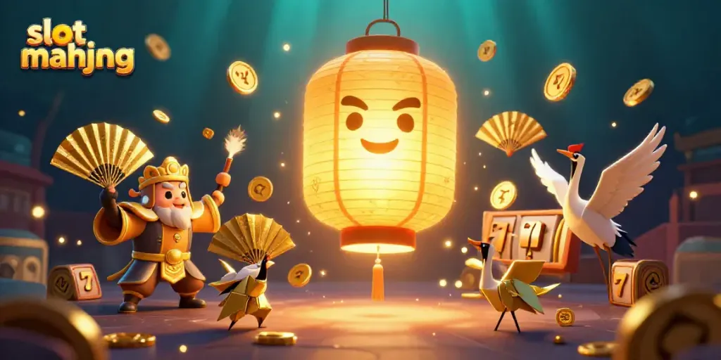 Permainan slot mahjong terlihat di ilustrasi 3D dengan elemen kasino yang kaya dan karakter berwarna emas.