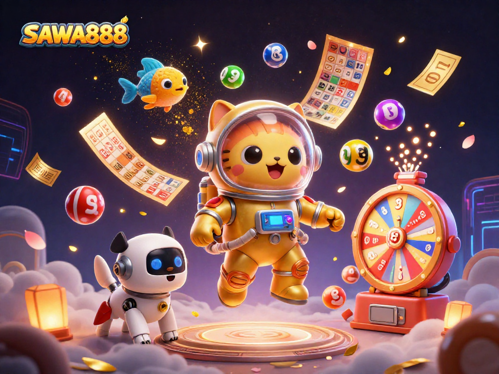 Play thrilling slots and win big with SAWA888's vibrant game offerings featuring colorful lottery elements.