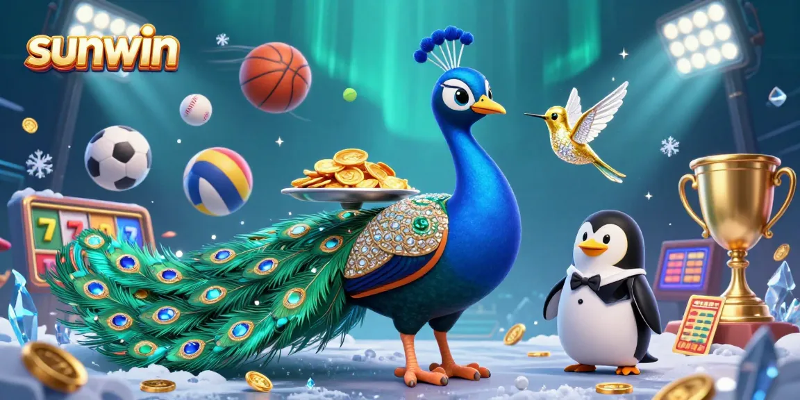 Experience sunwin's thrilling gaming environment with a peacock, penguin, and hummingbird surrounded by slots and sports elements.