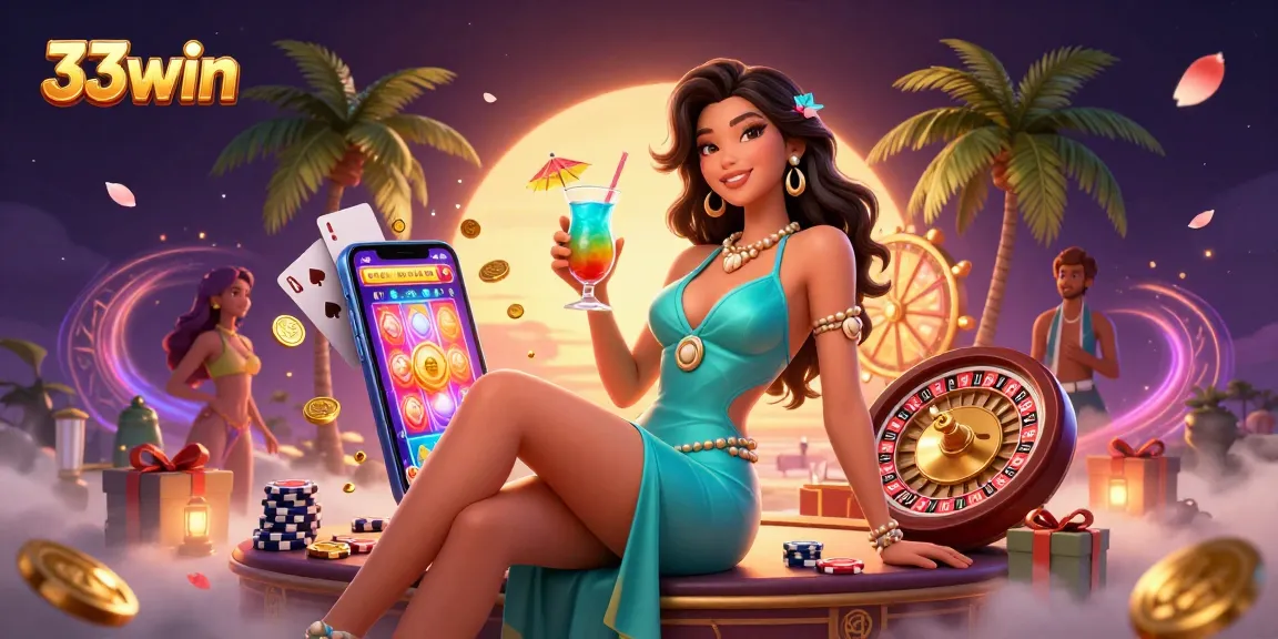 Experience thrilling wins at 33win with a stunning casino illustration showcasing a glamorous player.