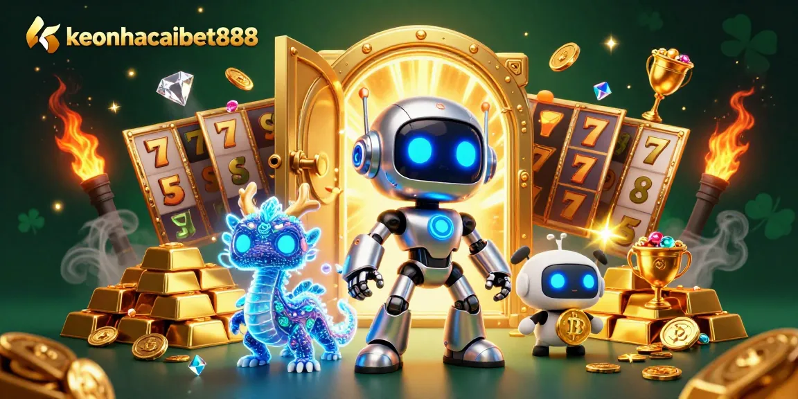 Experience excitement at keonhacaibet888 with a captivating 3D casino scene featuring slots, treasures, and dynamic characters.