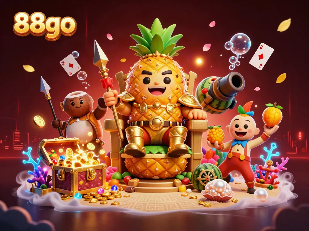 Experience the vibrant casino atmosphere at 88go with the golden pineapple king and playful characters in action.