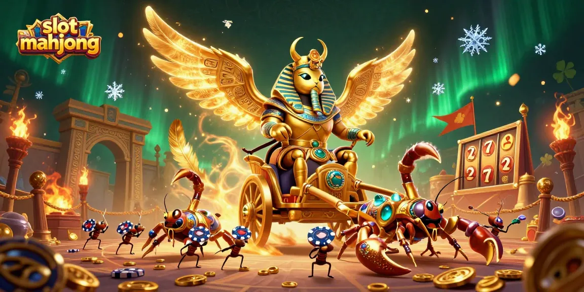 Experience the thrill of slot mahjong with a captivating scene of a golden scarab and scorpions amidst vibrant casino elements.