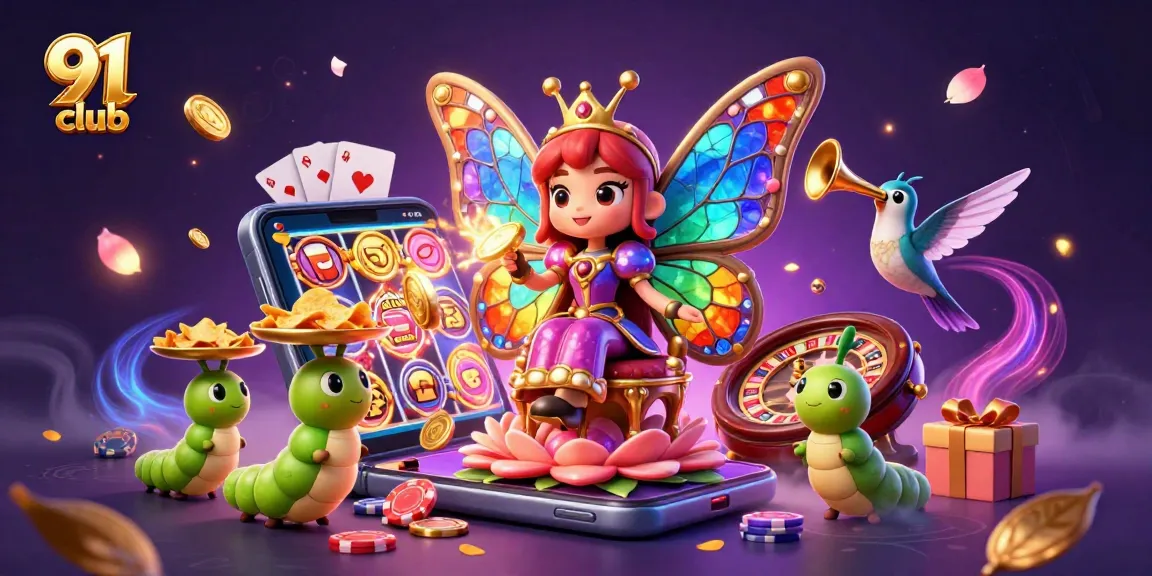 Engage with the 91 club through vibrant 3D illustration showcasing casino games and safety.