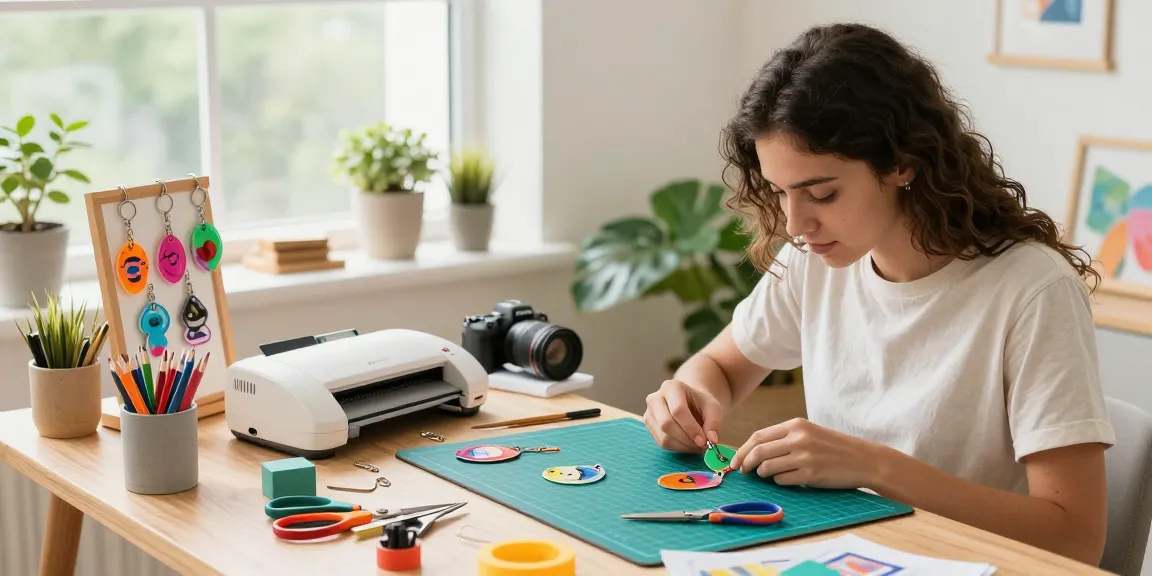 Custom keychains being personalised at a vibrant home workspace with creative tools and colourful designs.