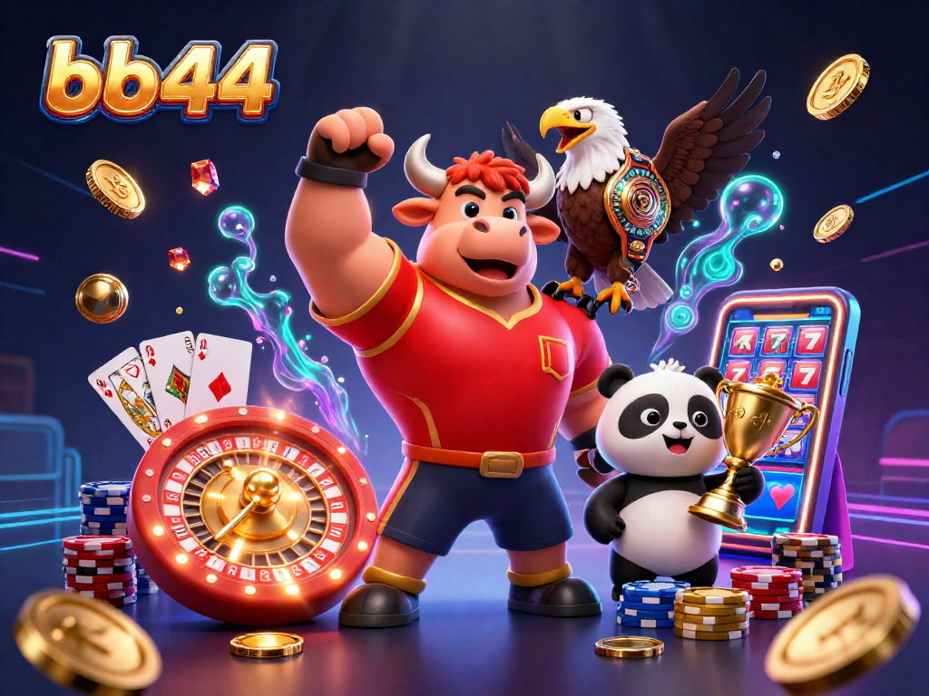 Engage with the thrilling bb44 online casino featuring a victorious bull mascot, an eagle, and a panda amidst dynamic game elements.