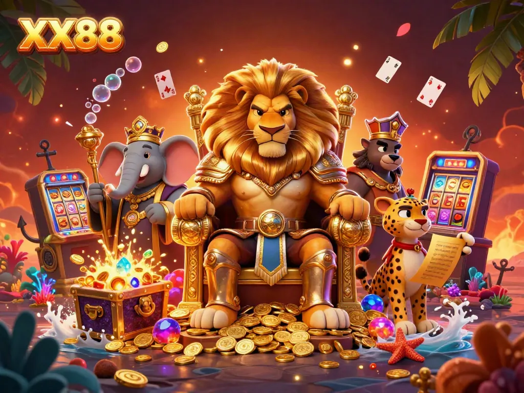 Engage with the thrill of XX88 casino games featuring a fierce lion king and vibrant symbols.