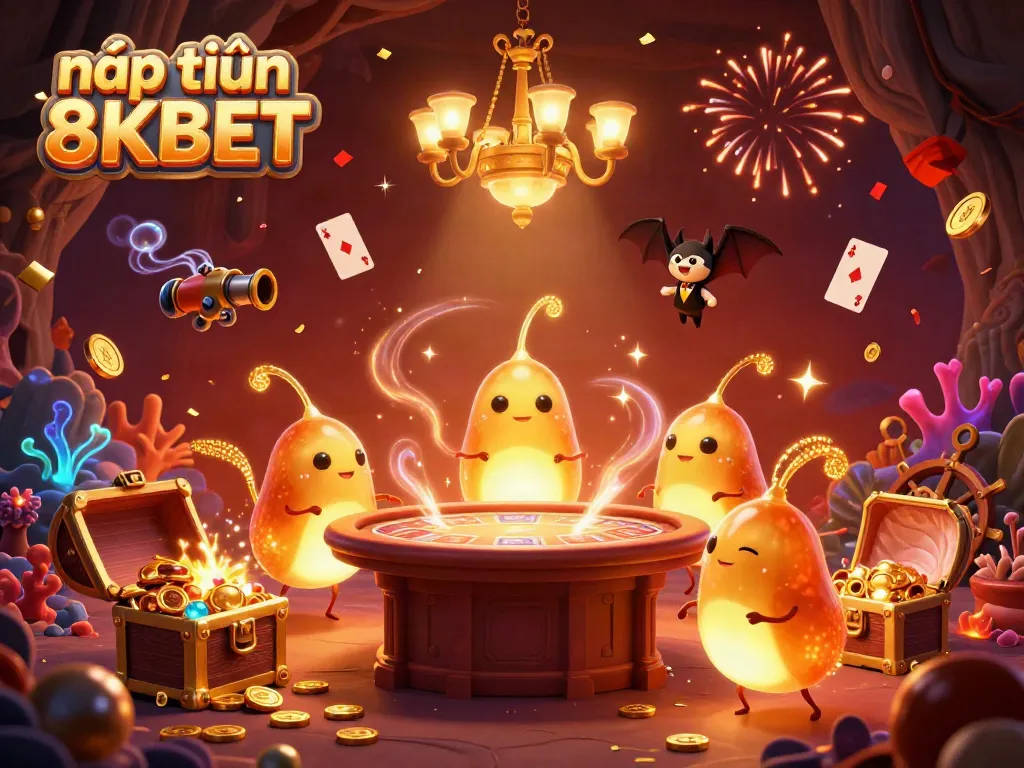 Join the excitement to nạp tiền 8KBET in a lively cave casino with animated glowworms and vibrant treasures.