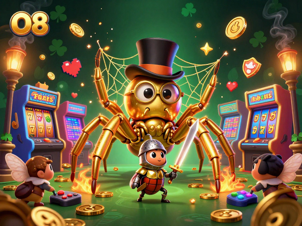 Engage in thrilling action with O8 at the casino, featuring a golden tarantula and beetle knight