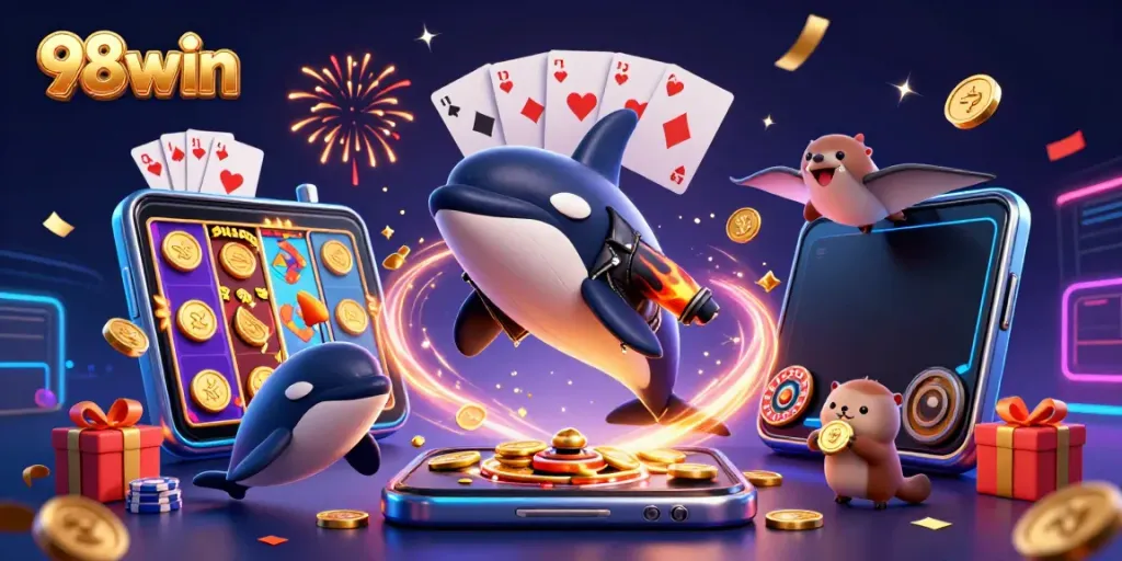 Engage in thrilling gambling action with 98win's vibrant gaming scene showcasing dynamic characters and exciting game elements.