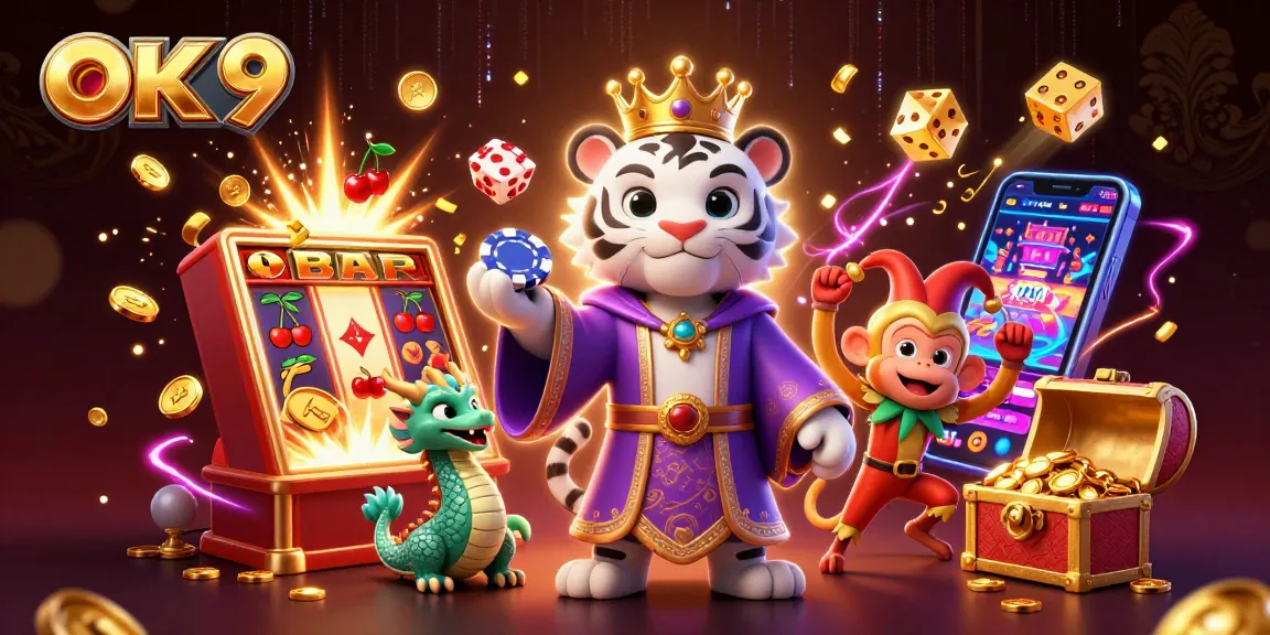 Experience the thrilling world of OK 9 with a vibrant casino illustration featuring a tiger, monkey, and dragon.