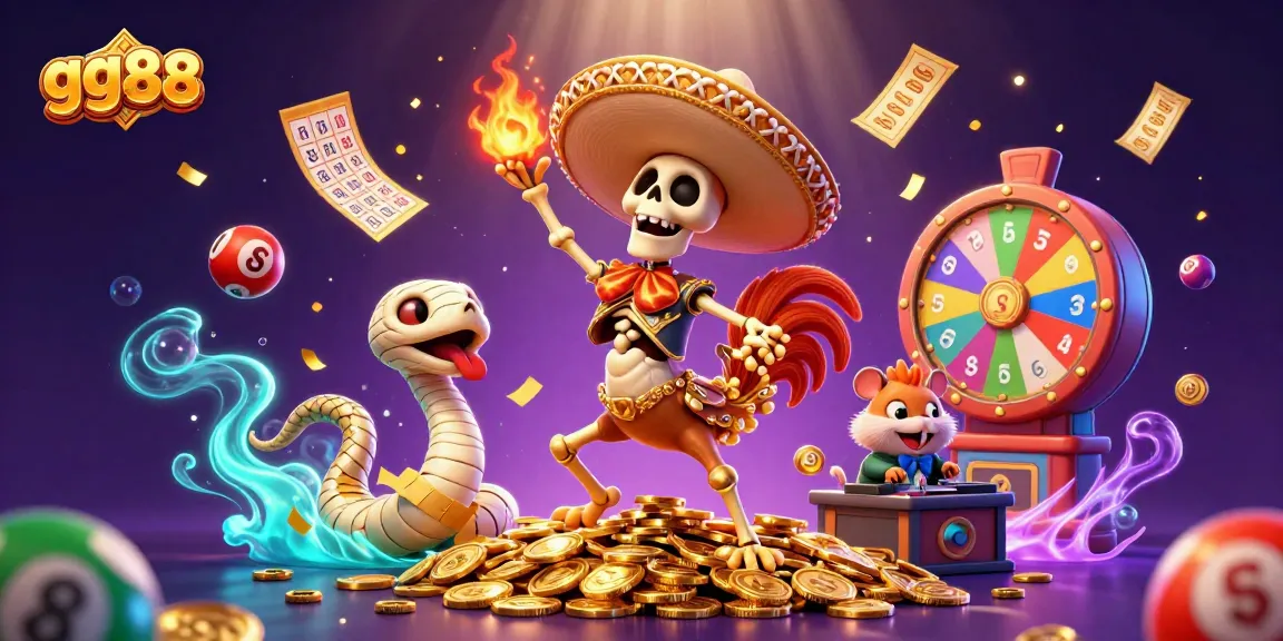 Experience the excitement of gg88 with a lively scene featuring a mariachi rooster, a mummy snake, and a DJ hamster, surrounded by casino game elements.