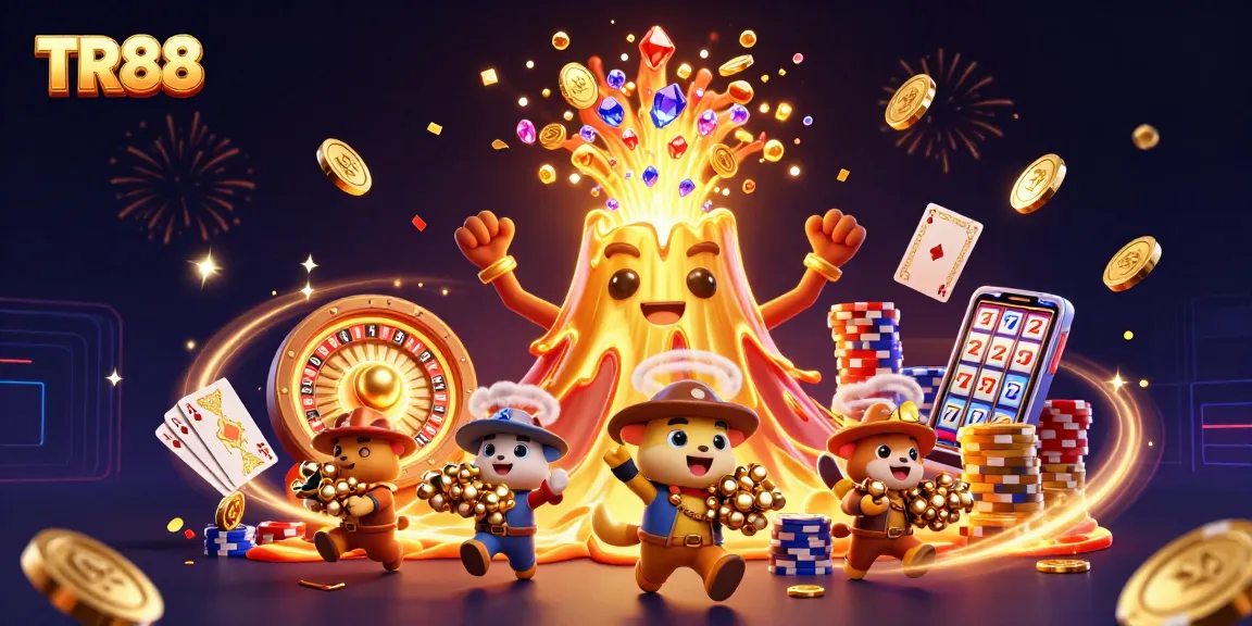 Engage with TR88’s exciting offerings amidst a vibrant, explosive casino scene filled with treasures.