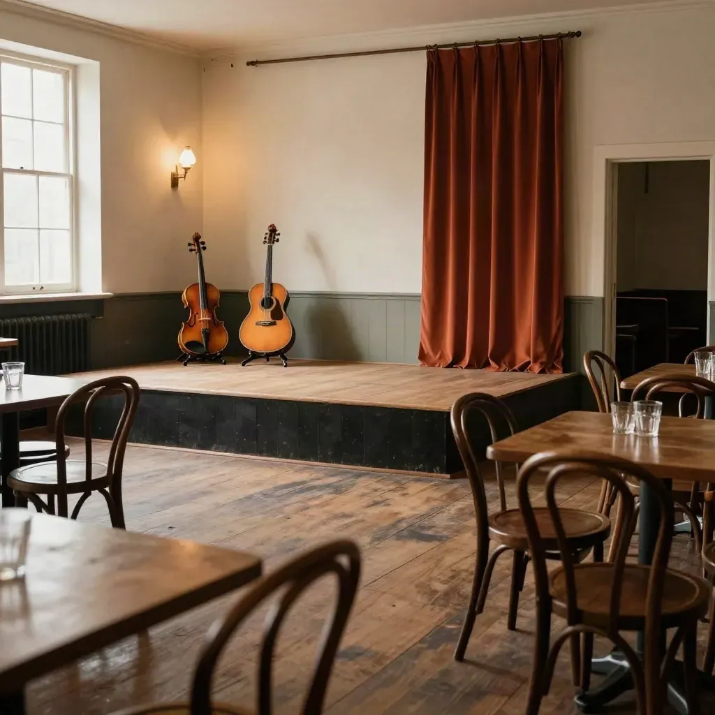 Empty folk club room with low stage, fiddle, guitars and seated tables in warm light