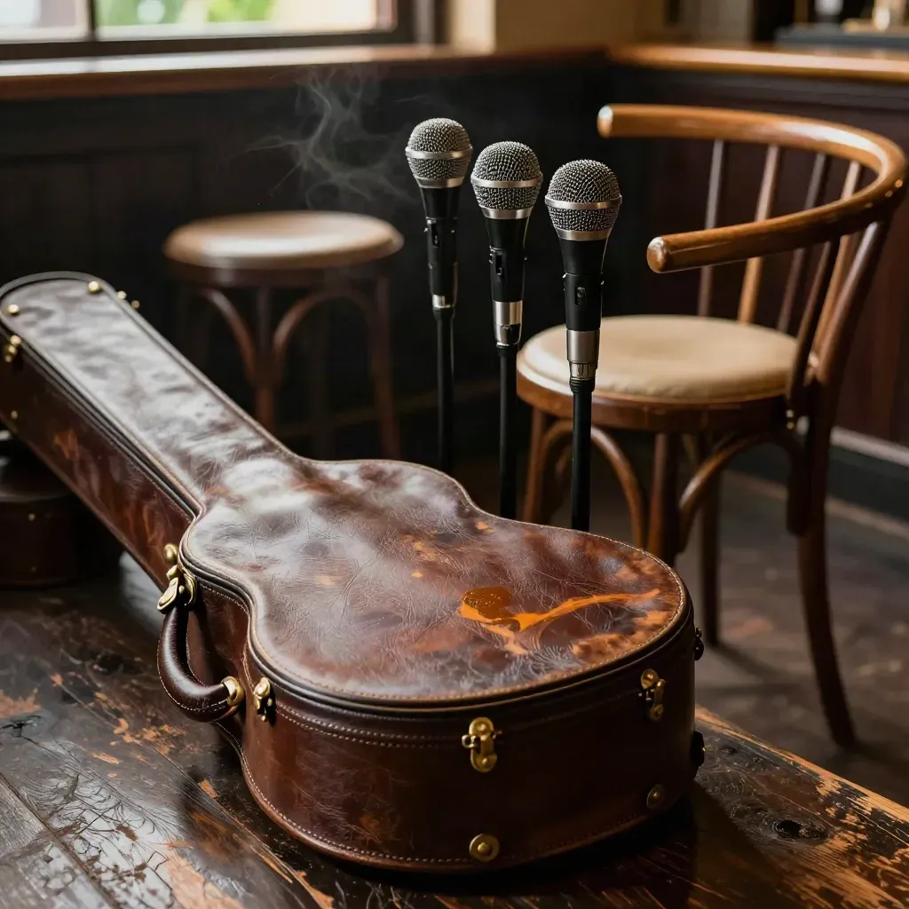 Close crop of acoustic stools, mic stands and guitar case in a warm folk club corner.