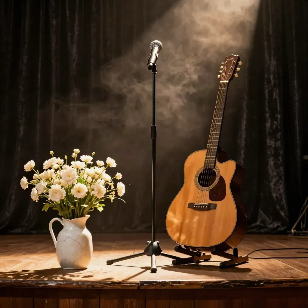 Spotlit folk club stage with mic, guitar and flowers before the guest set