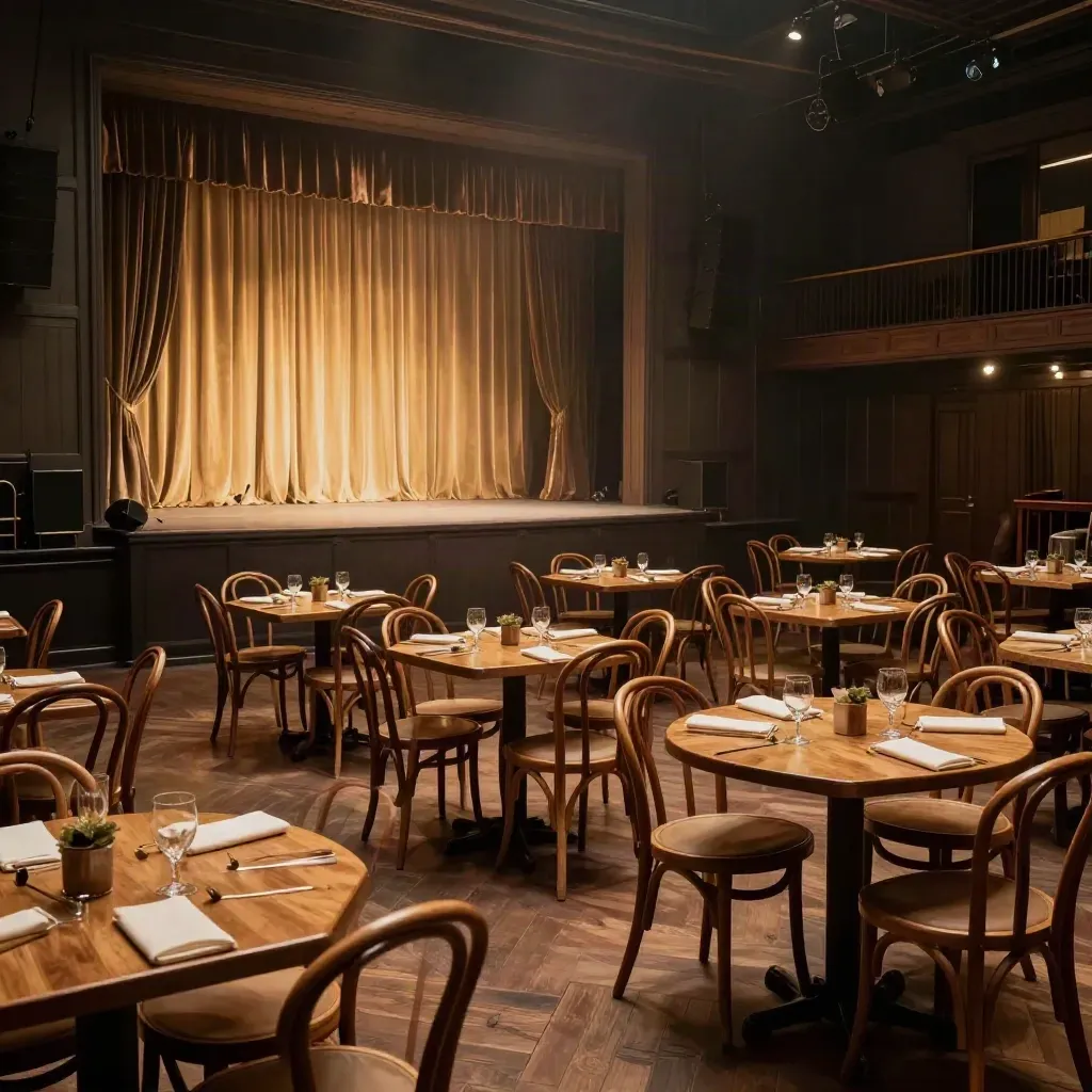 Empty sold-out folk club with packed chairs, inward tables and glowing curtained stage.