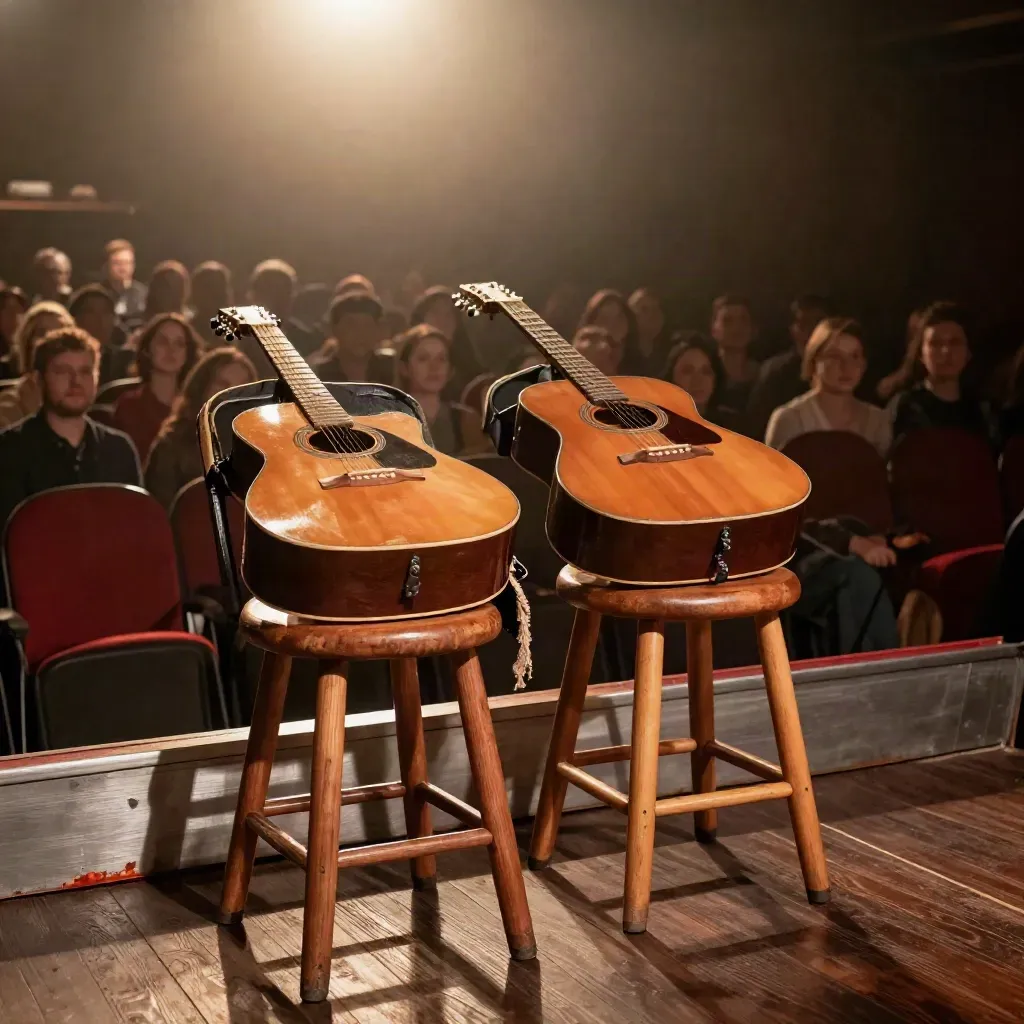 Empty folk club stage with two guitars, stools, and tightly packed chairs after a show