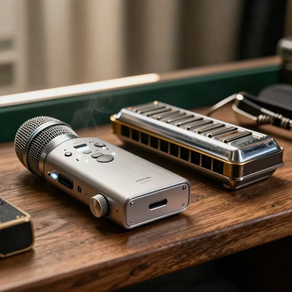 Extreme macro of a mic receiver, harmonica and capo on a backstage shelf with green felt.