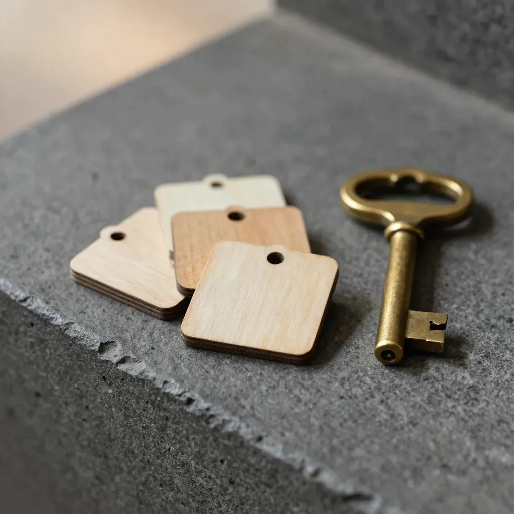 Wooden gig tokens and a brass key on dark stone, lit softly from the side.