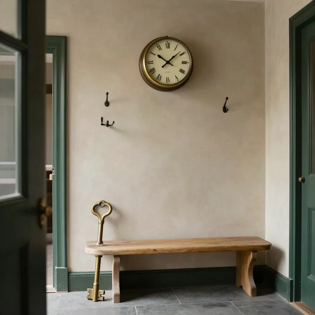 Vintage clock, brass key, coat hook and empty bench at a folk club entrance.