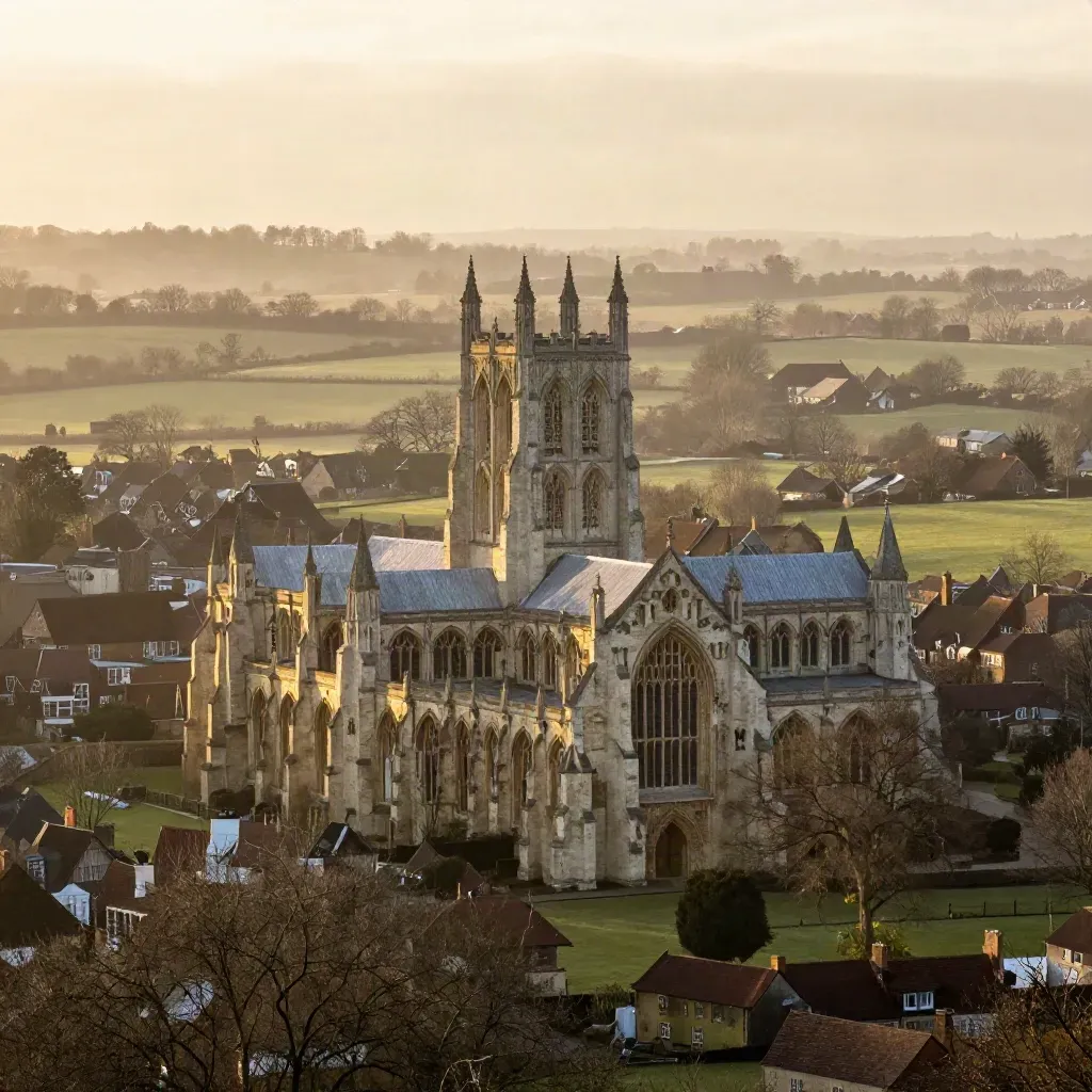 Canterbury Cathedral above hazy rooftops and winter fields in warm Kent evening light.