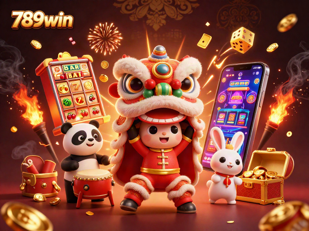 Experience the excitement at 789win with dynamic casino scene featuring playful characters and jackpots.