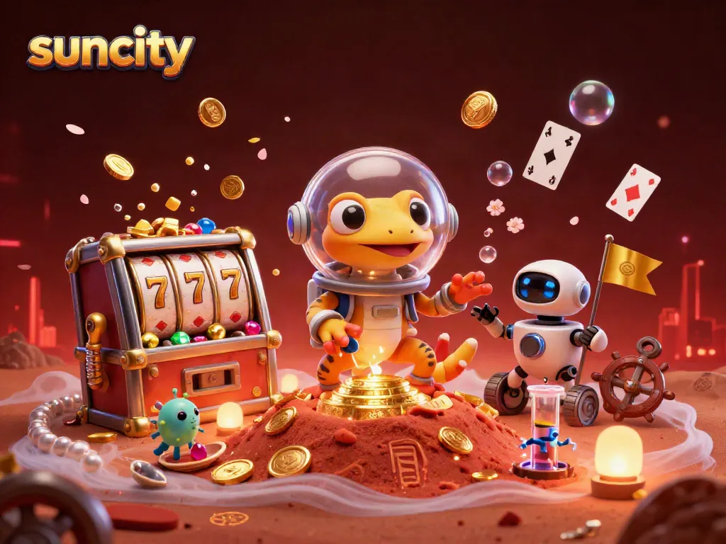Experience the thrill of suncity with a Martian gecko and golden casino discovery, surrounded by vibrant gaming elements.