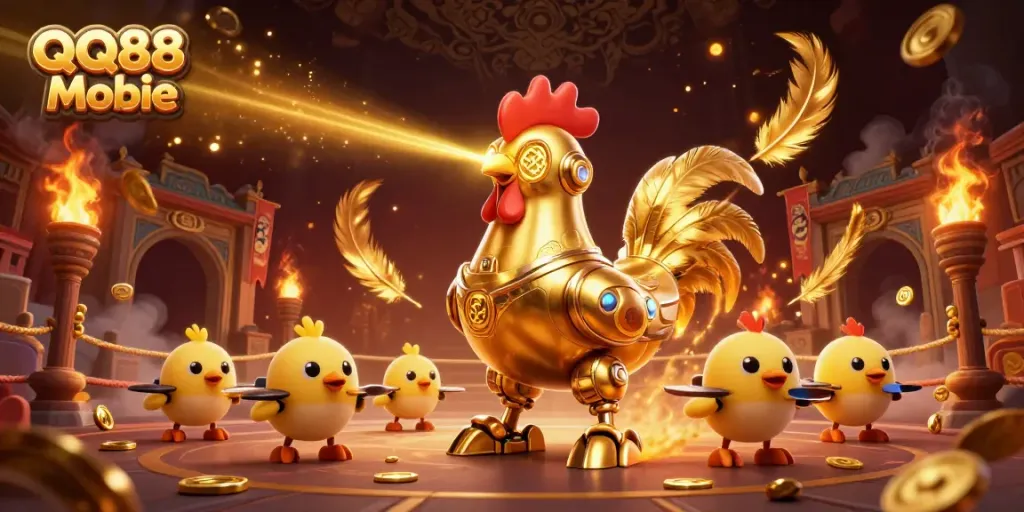 Join the thrilling world of QQ88 Mobie as the golden rooster robot takes charge in this festive casino showdown.