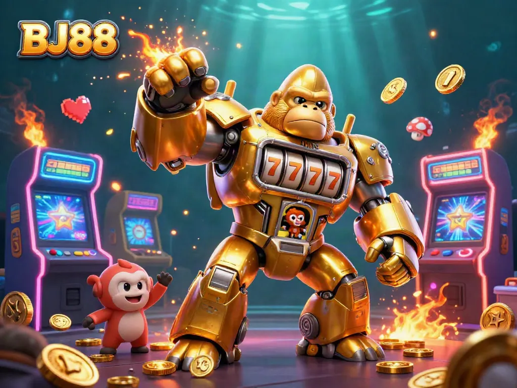 BJ88 captures players' excitement with a dynamic 3D casino transformation scene featuring a golden gorilla mech.