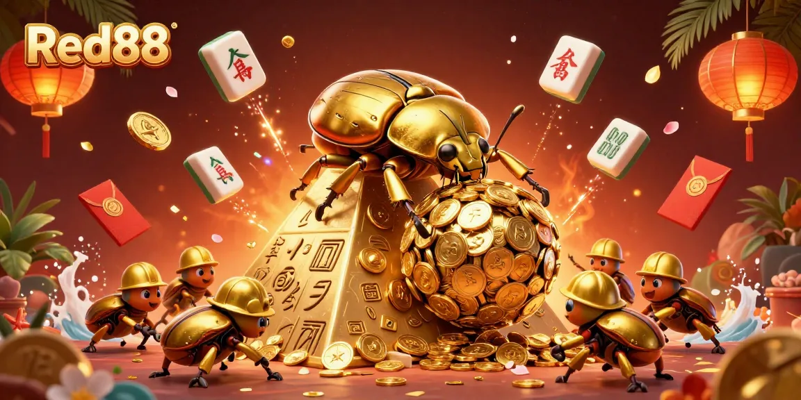 Experience thrilling moments at Red88 with a golden dung beetle rolling winnings at a vibrant casino scene.
