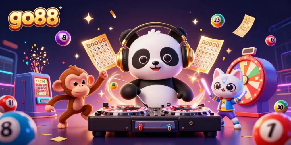 Engage with go88 through a lively scene of a DJ panda and breakdancing monkey celebrating with vibrant casino elements.
