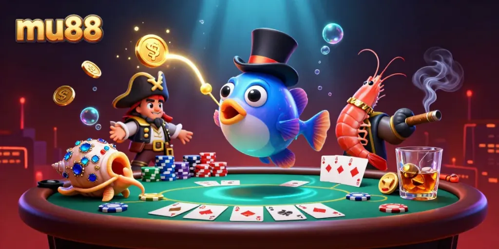 Play at mu88 with the thrilling underwater casino adventure featuring a pirate shrimp and anglerfish.